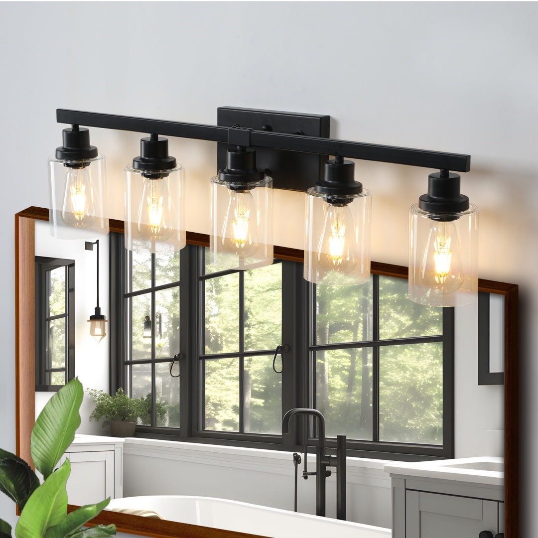 5-Light Black Bathroom Vanity Light Fixture with Glass Shades