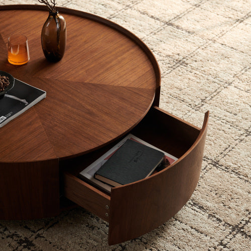 35.4-Inch Round Coffee Table - Walnut Finish for Living Room
