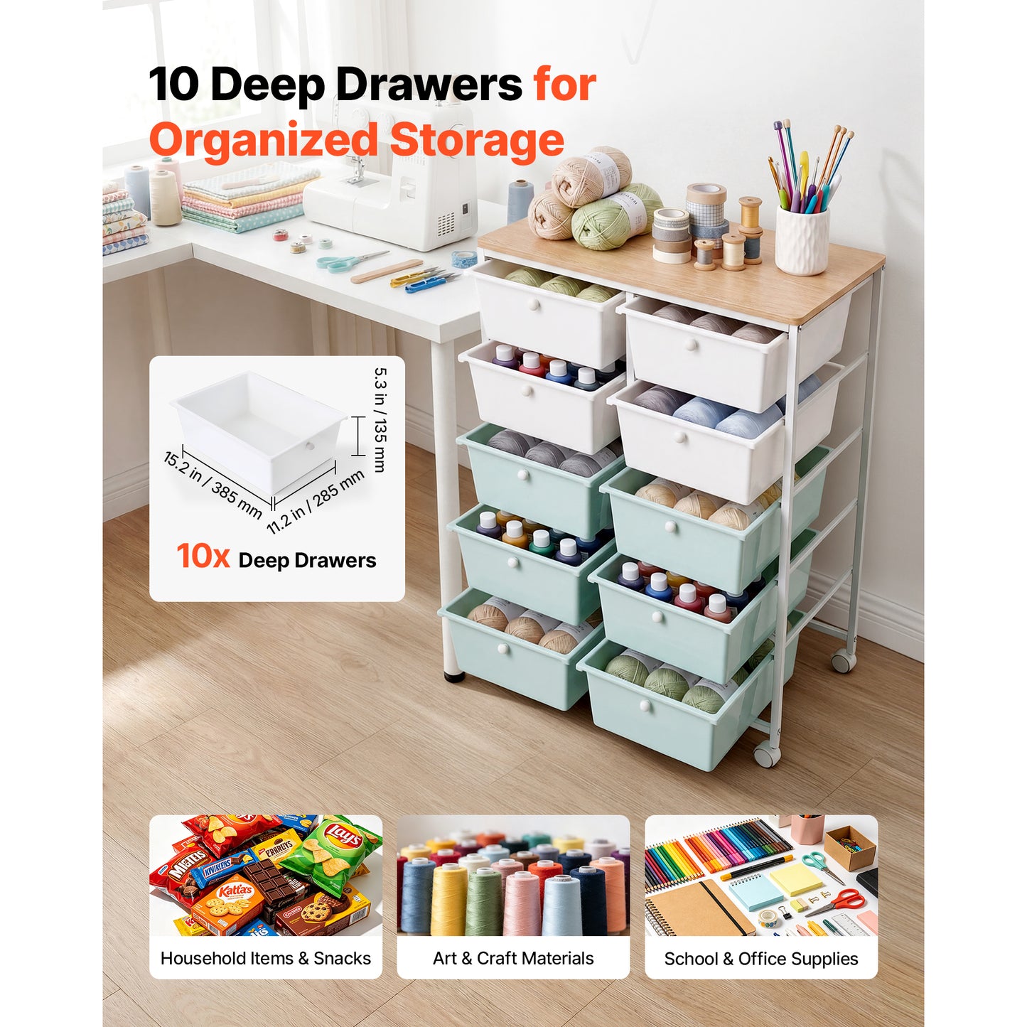 Mobile Utility Cart with Drawers, Steel Frame and Wooden Top, Blue & White