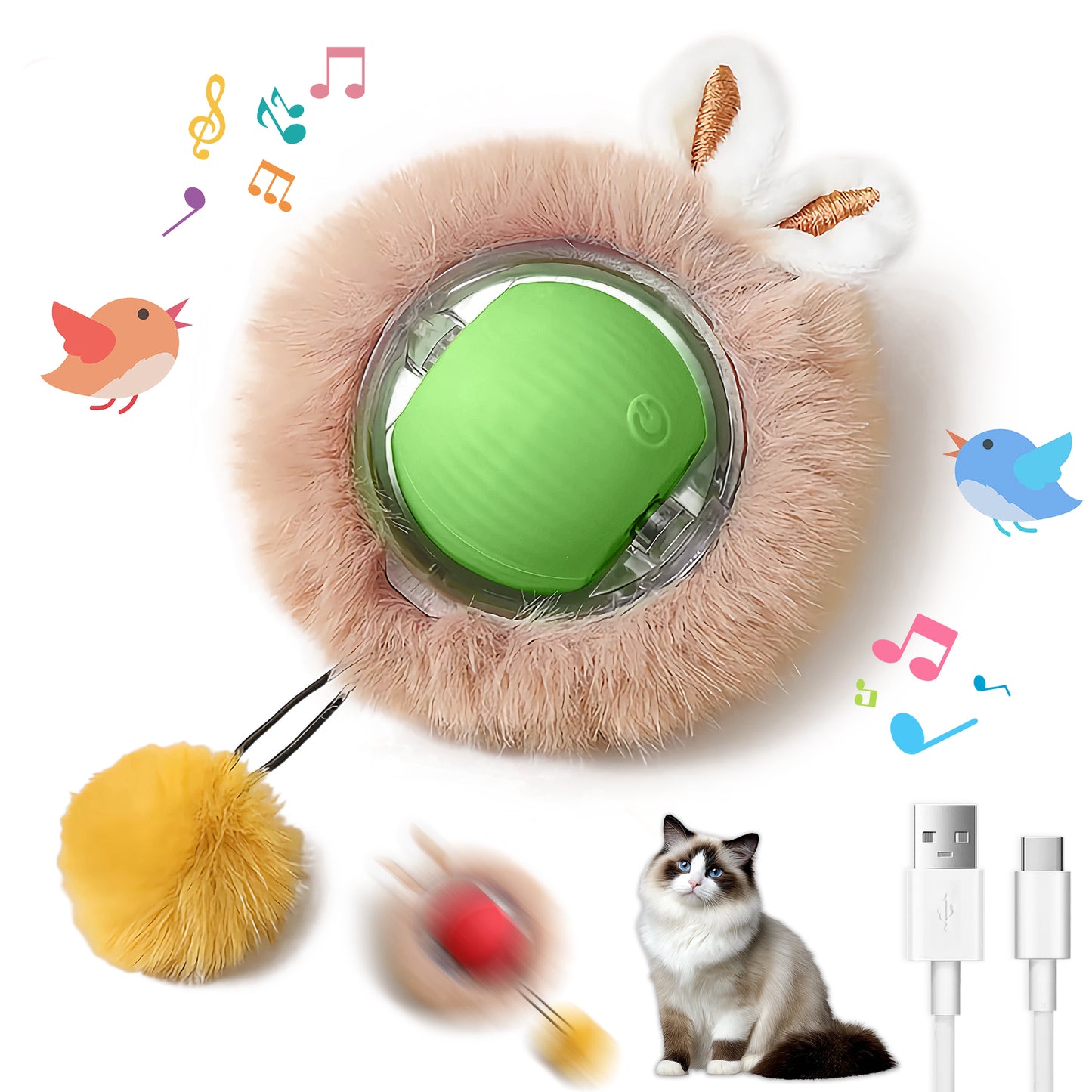 Interactive Cat and Dog Chase Toy Ball with Lights, Fluffy Tail & Bunny Ears