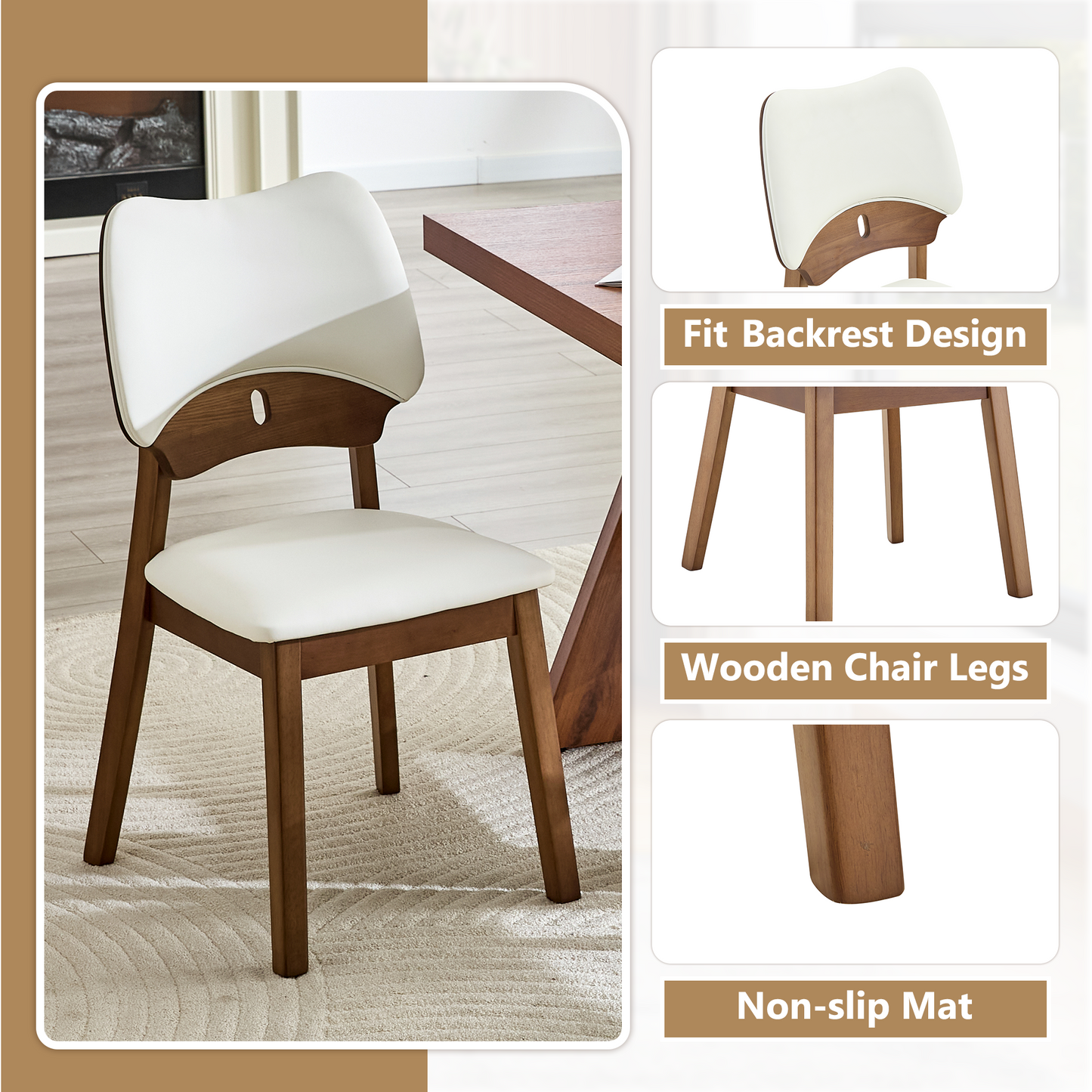 2 Walnut Colored Solid Wood Dining Chairs, With White PU Soft