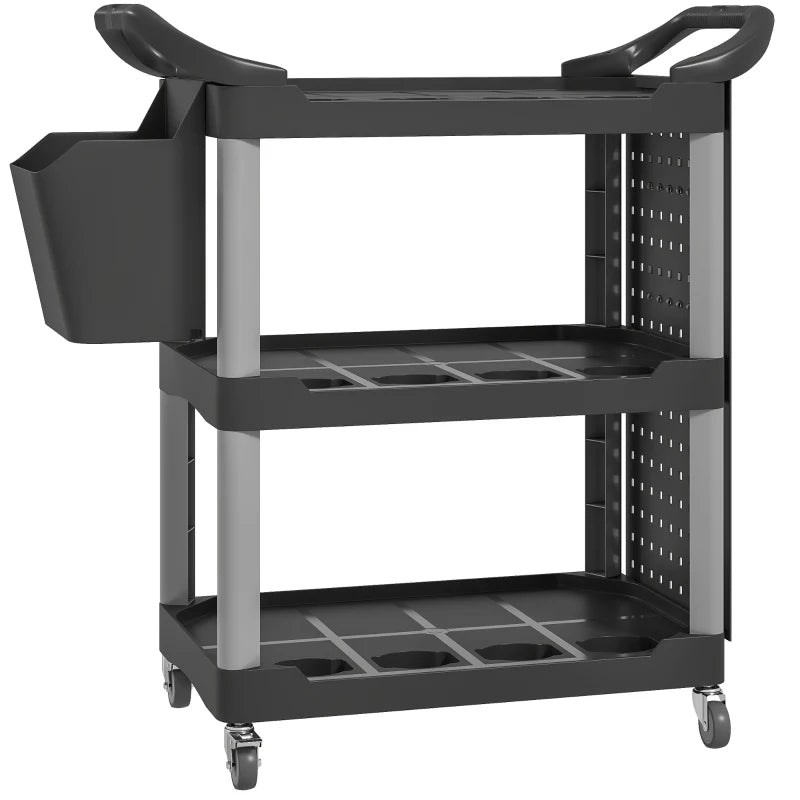 3-Tier Rolling Tool Cart with Side Shelf and Bucket, 200 LBS Capacity, Black & Gray Utility Cart