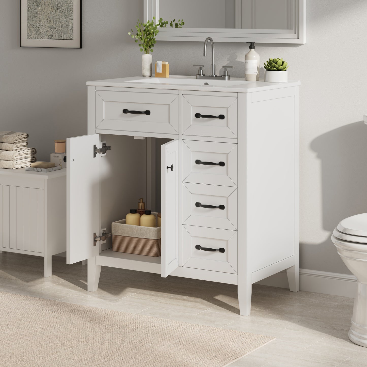 30" White Bathroom Vanity with Ceramic Sink & Soft-Close Drawers