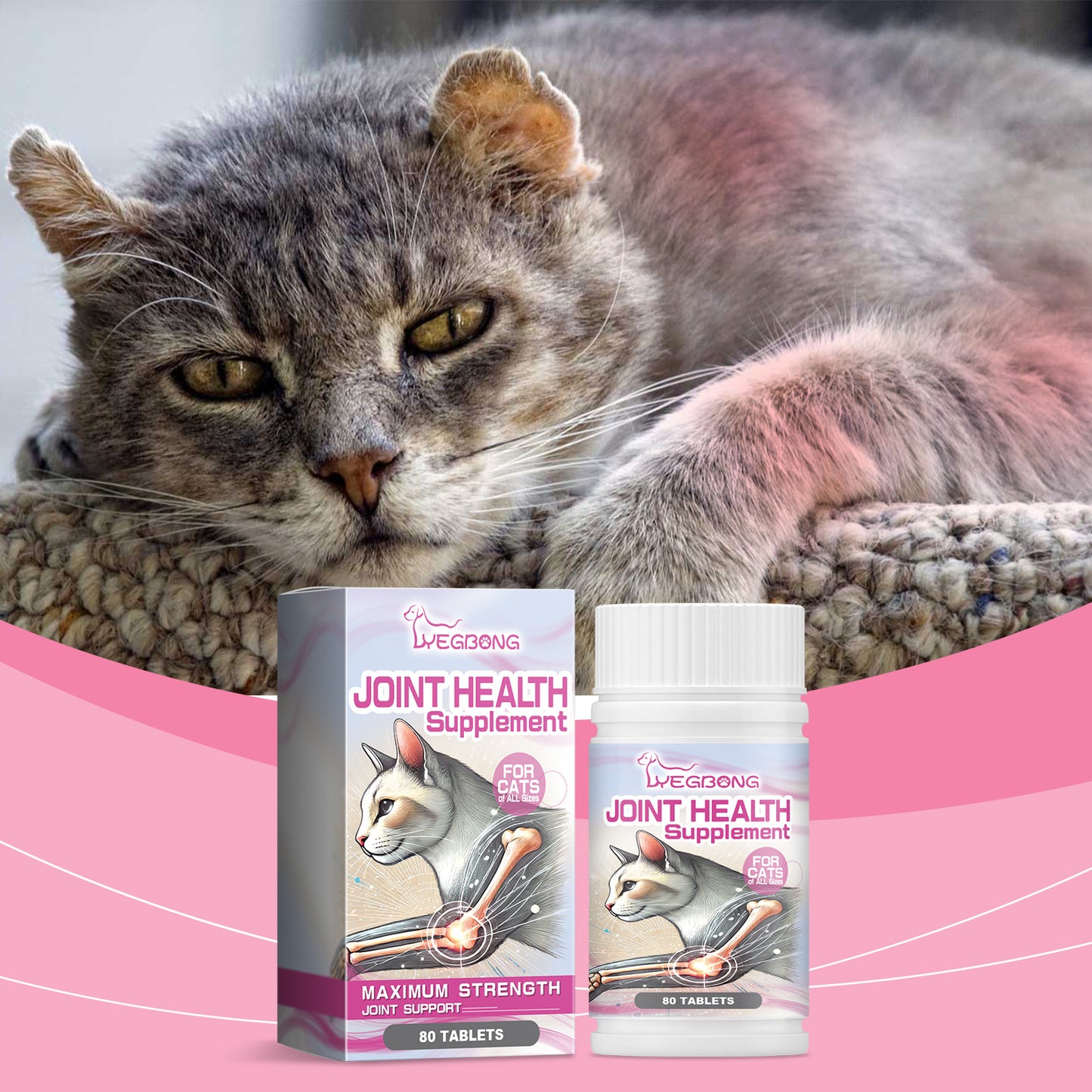 Cat Joint Support Tablets with Glucosamine - Chewable Feline Supplement for All Breeds, 80 Count