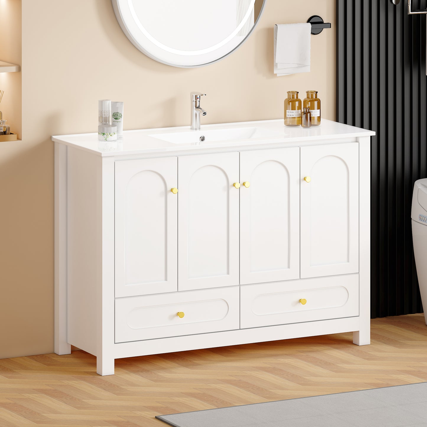 48" White Bathroom Vanity with Resin Sink Combo - Abundant Storage