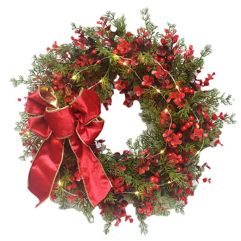 Red Christmas Wreath with Lights - Artificial Cherry Pattern Wall Hanging Garland