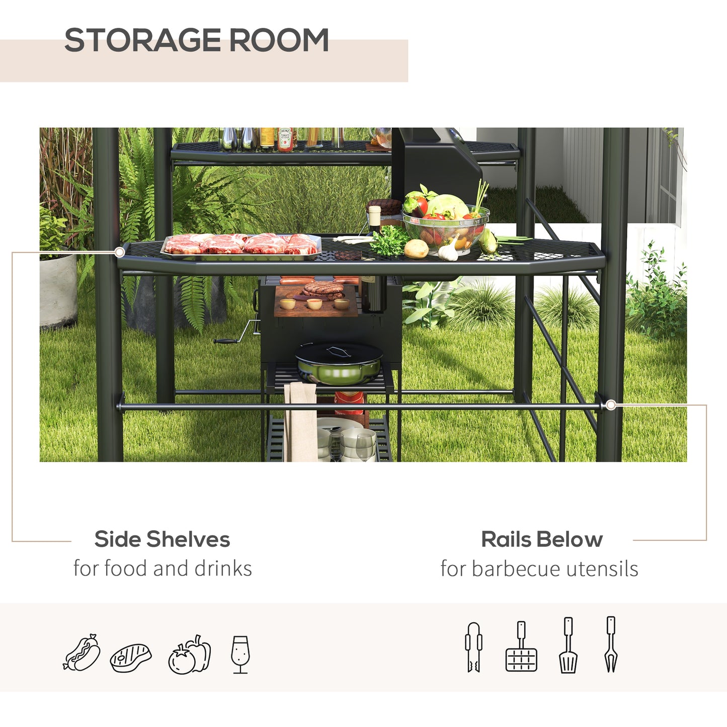 Outdoor Grill Canopy Gazebo with Vented Roof & Side Shelves