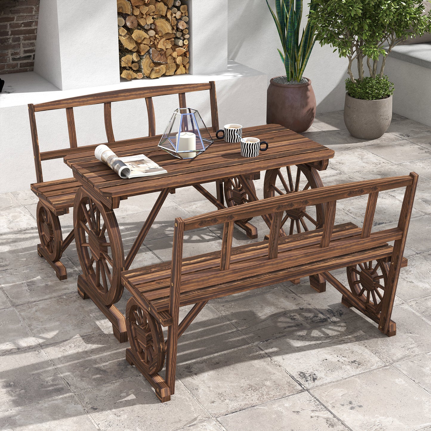 Wagon Wheel Outdoor Furniture Set for 4 - Carbonized Pine