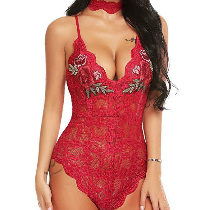 Women's Lace See-Through Embroidered Jumpsuit - Elegant & Minimalist Style