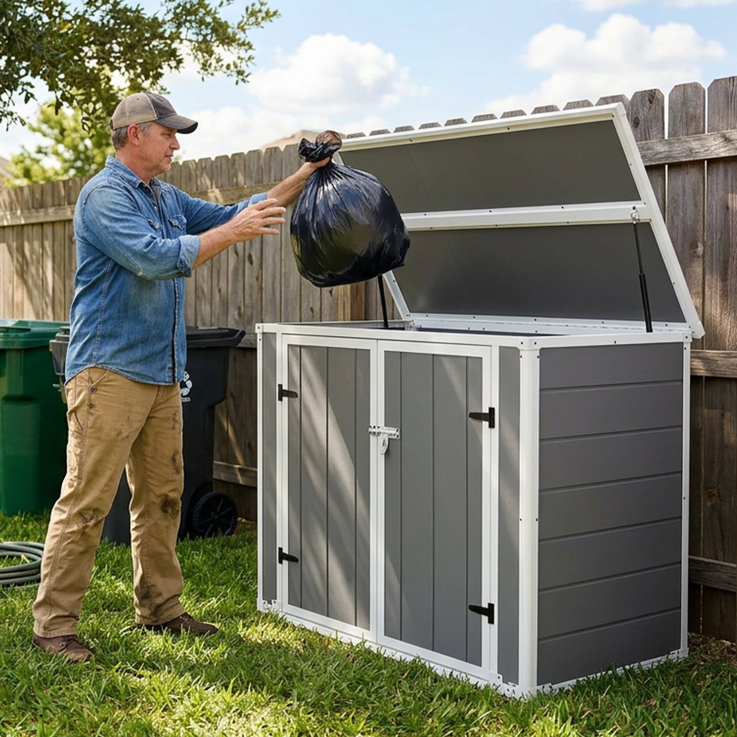 Gray Outdoor Storage Shed with Ramp & Hydraulic Lid - Waterproof