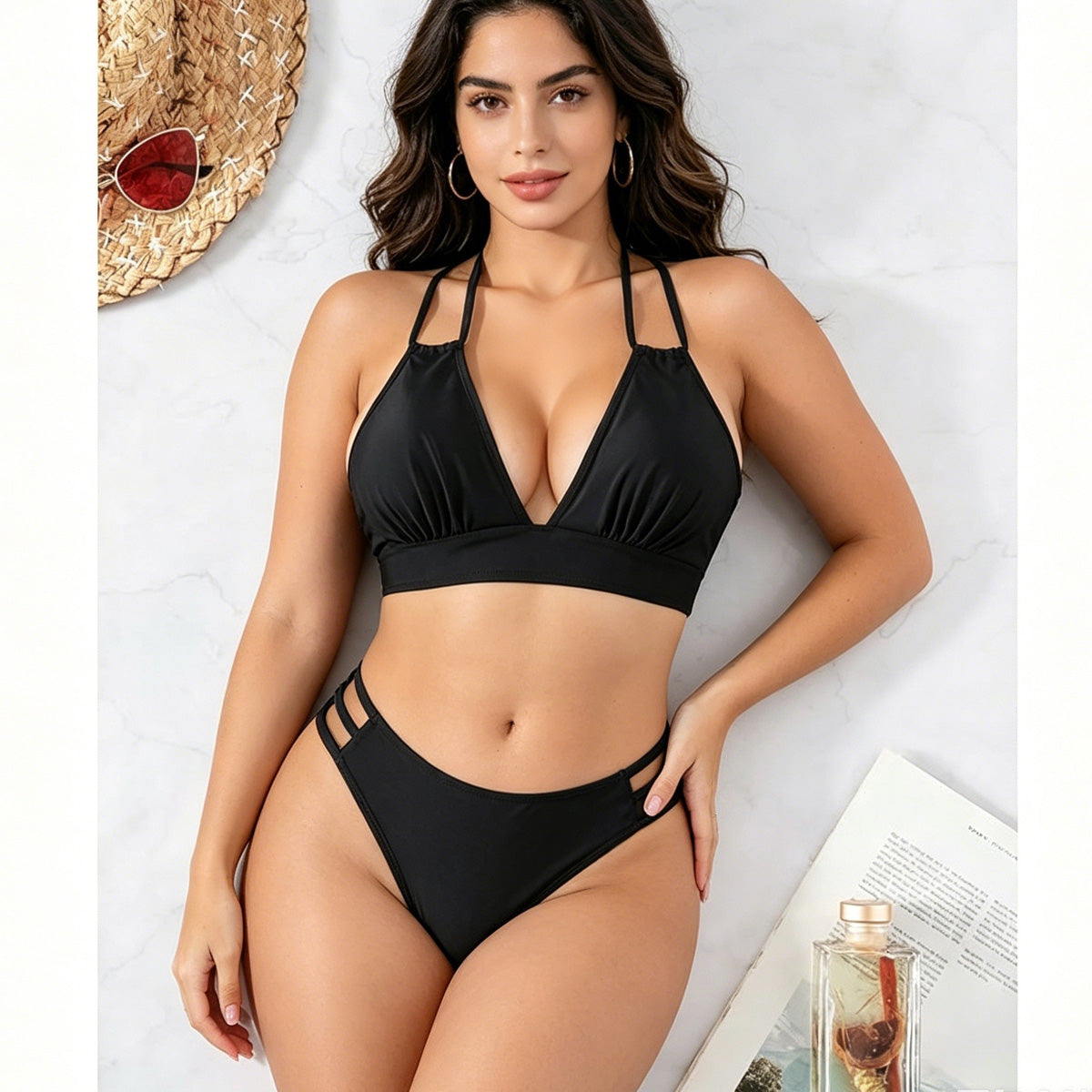 Women's Black Double Strap High Waist Bikini Set - 2 Piece Swimsuit
