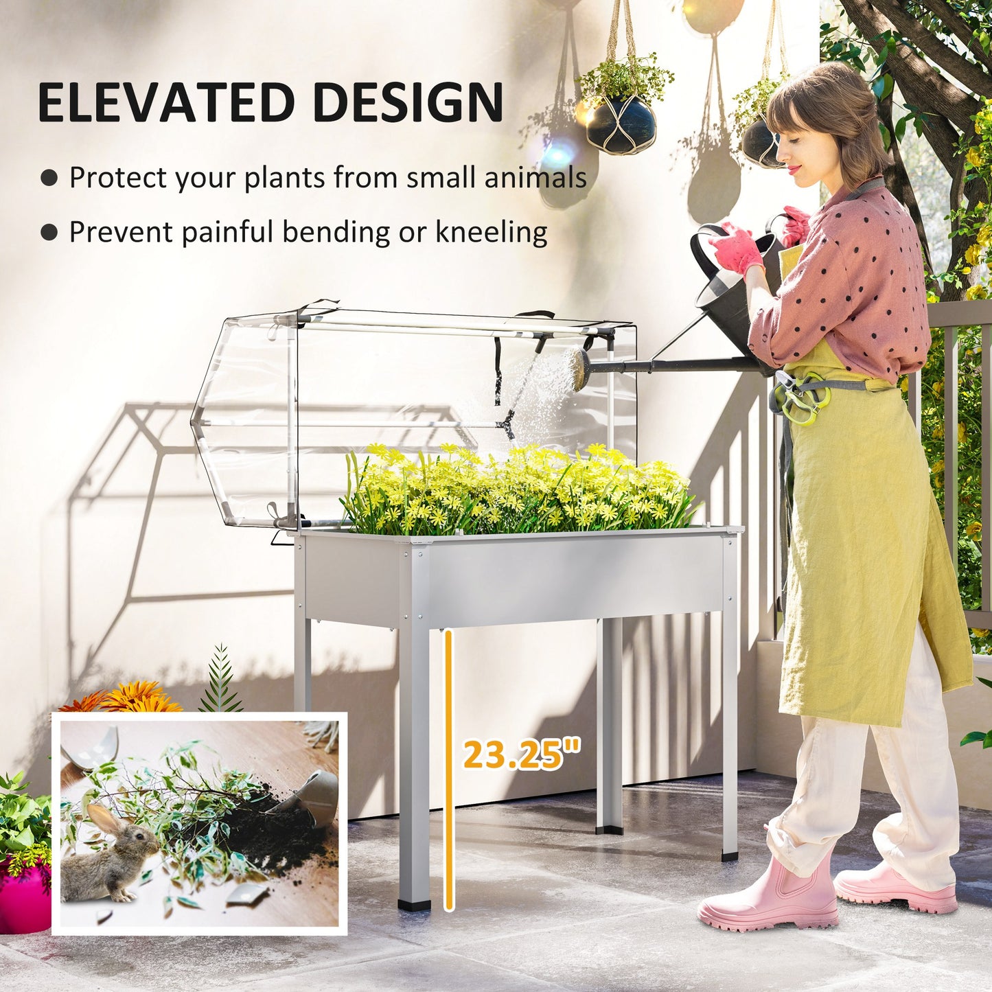 Raised Garden Bed with Greenhouse Cover - White 1090x480x80mm