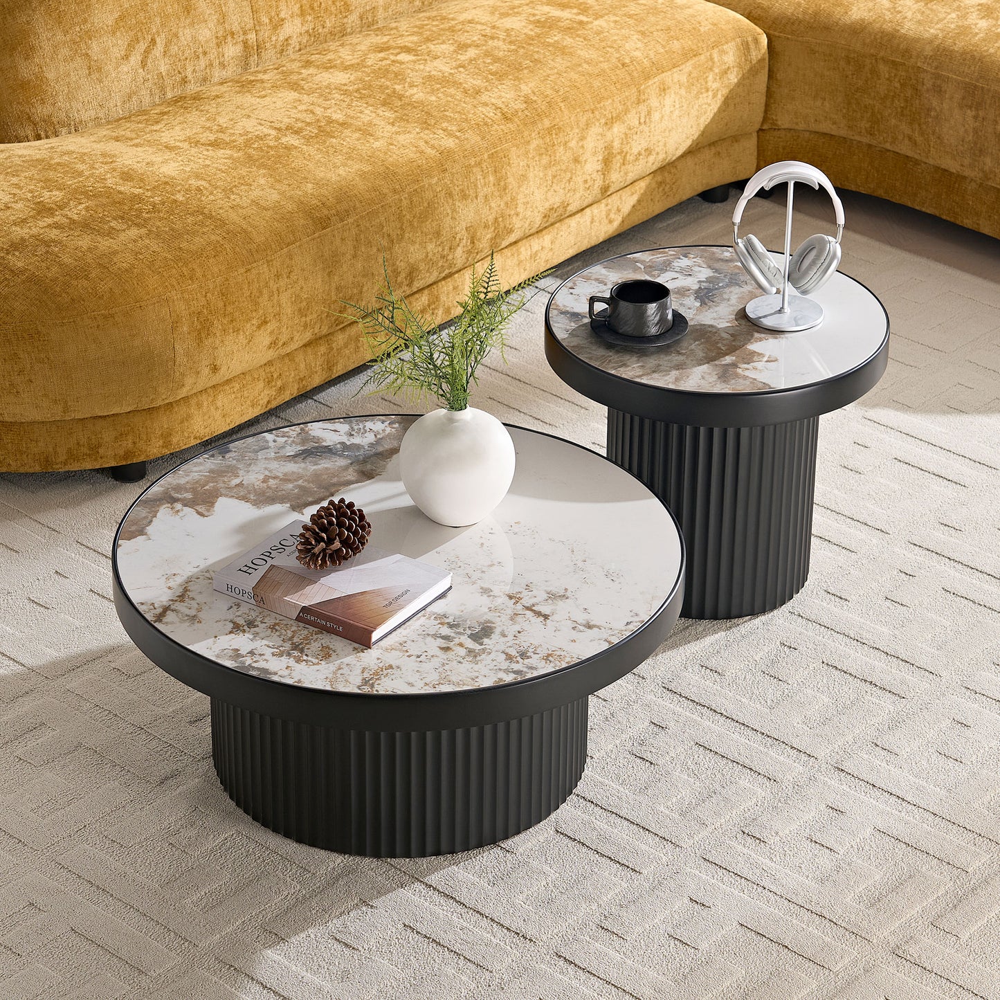 Set of 2 Round Coffee Tables with Sintered Stone Top - Black