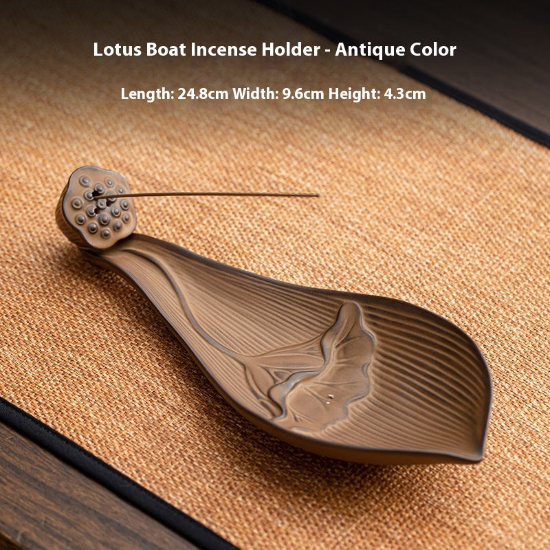 Ceramic Lotus Boat Incense Holder with Wooden Base - Zen Home Fragrance Decor