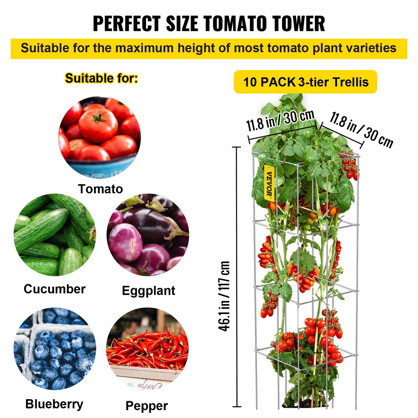Garden Plant Support Cages 11.8x11.8x46.1 Inches, 10 Pack Green Steel Tomato Trellis