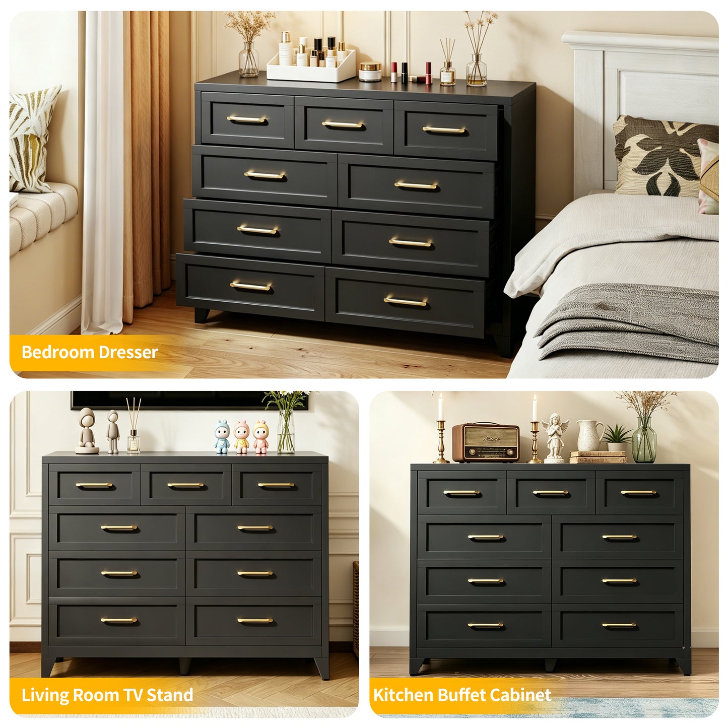 9-Drawer Tall Dresser - Black Metal Storage Cabinet with Smooth Drawers