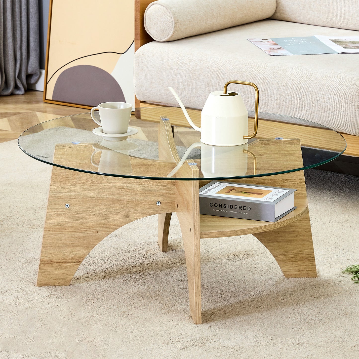 Round Tempered Glass Coffee Table - 31.5in Diameter, Multi-Functional