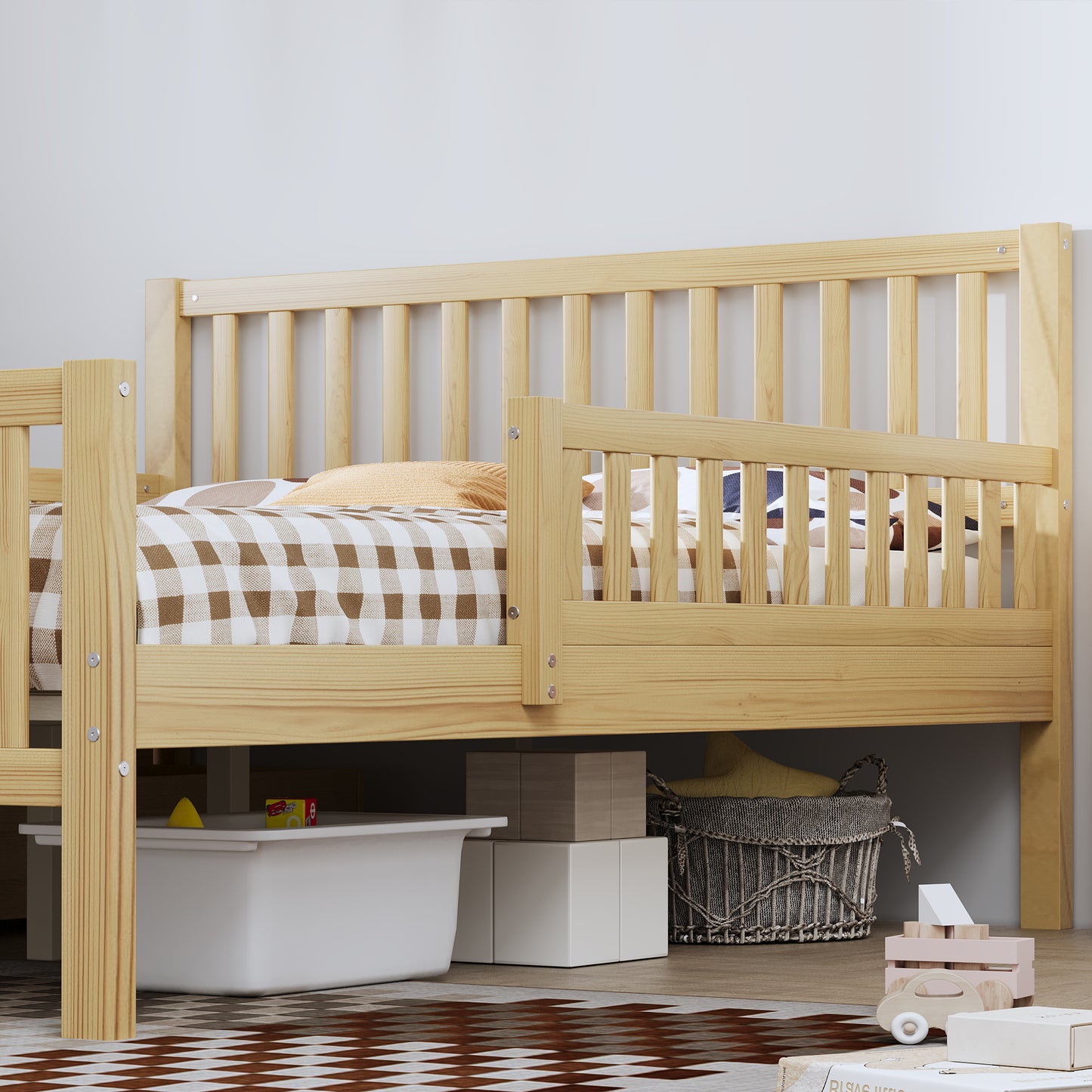 Full Size Wood Platform Bed With Guardrails On Both Sides And Two