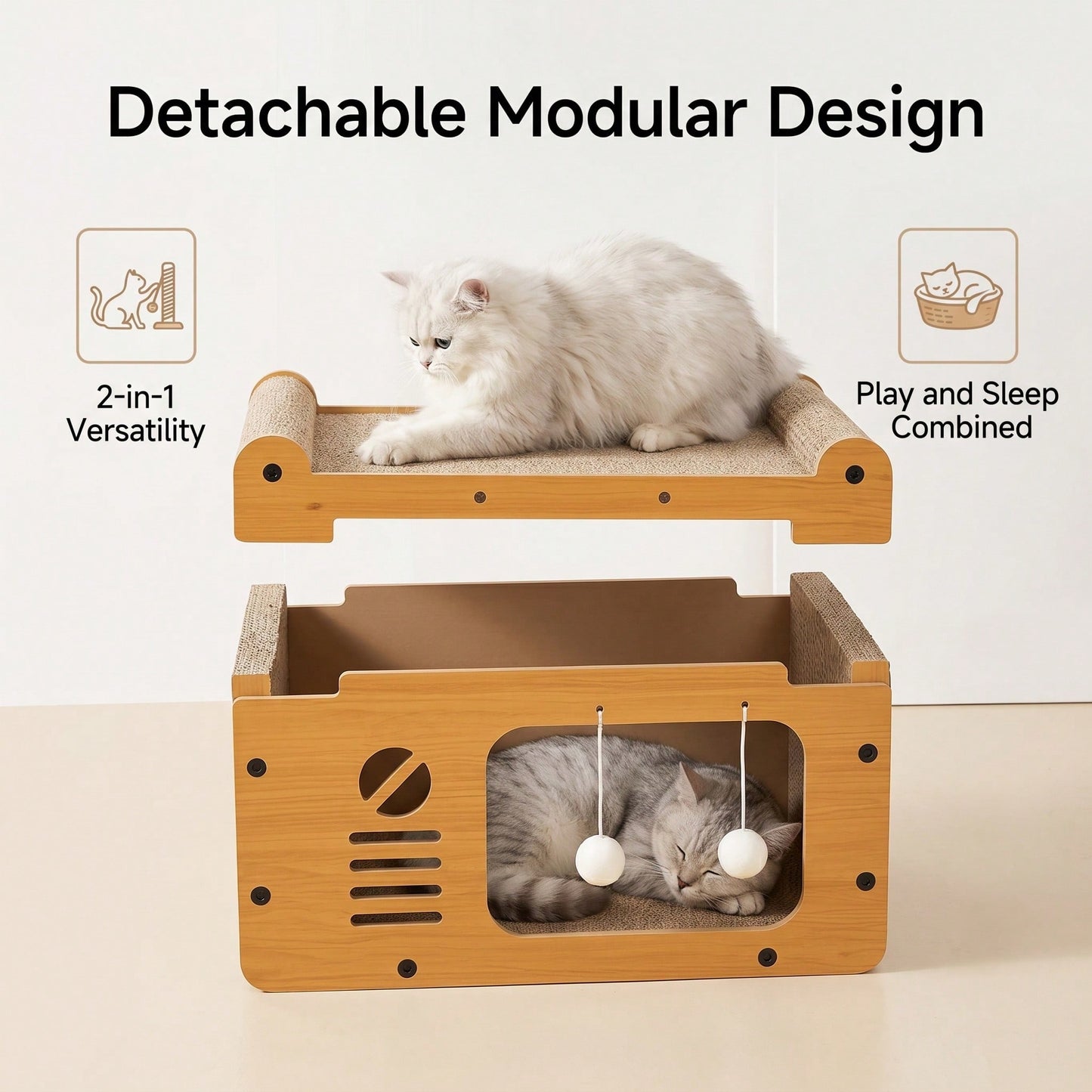Multi-Style Double-Layer Cat House & Bed with Corrugated Cardboard, Interactive Toys & Ergonomic Support