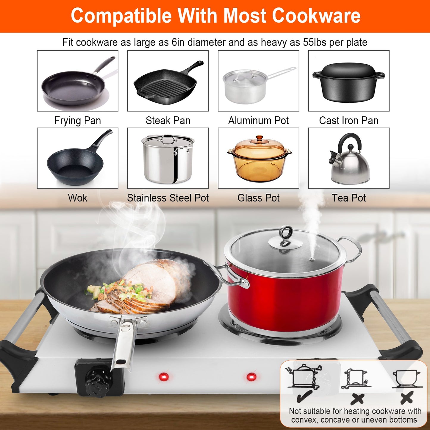 2000W Portable Electric Stove with Dual Coil Burners - White