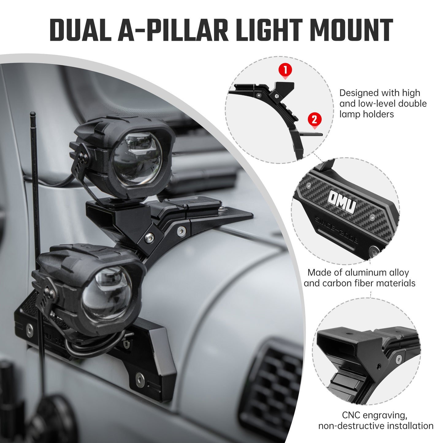 A-Pillar Light System Mount for Jeep Wrangler JL & Gladiator JT - Black