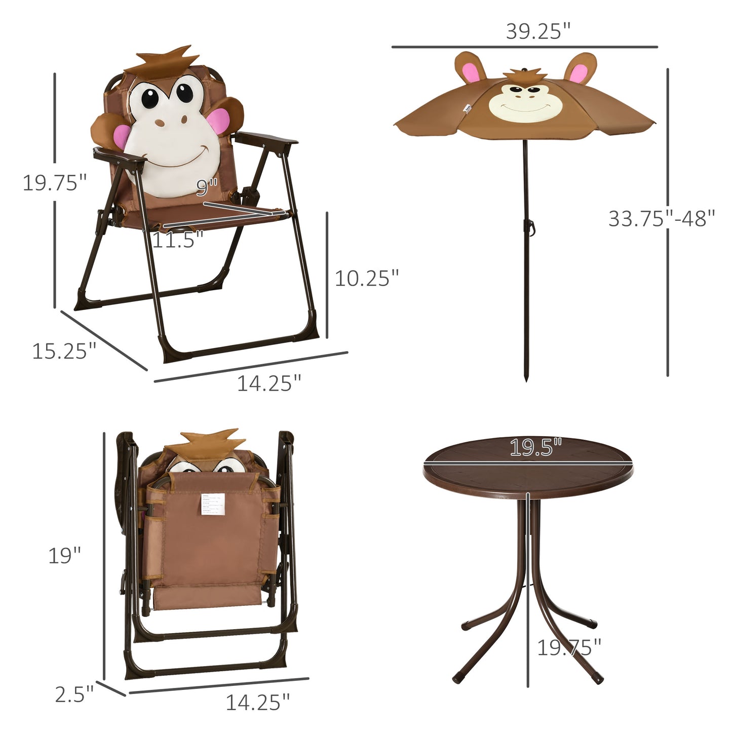 Kids Outdoor Table and Chair Set with Adjustable Umbrella - Brown
