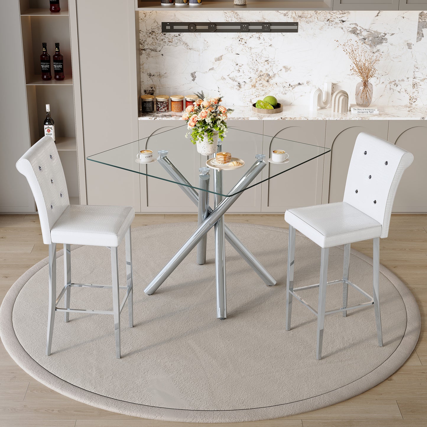 Modern Glass Bar Table & 2 Fixed-Height Bar Stools Set - Silver