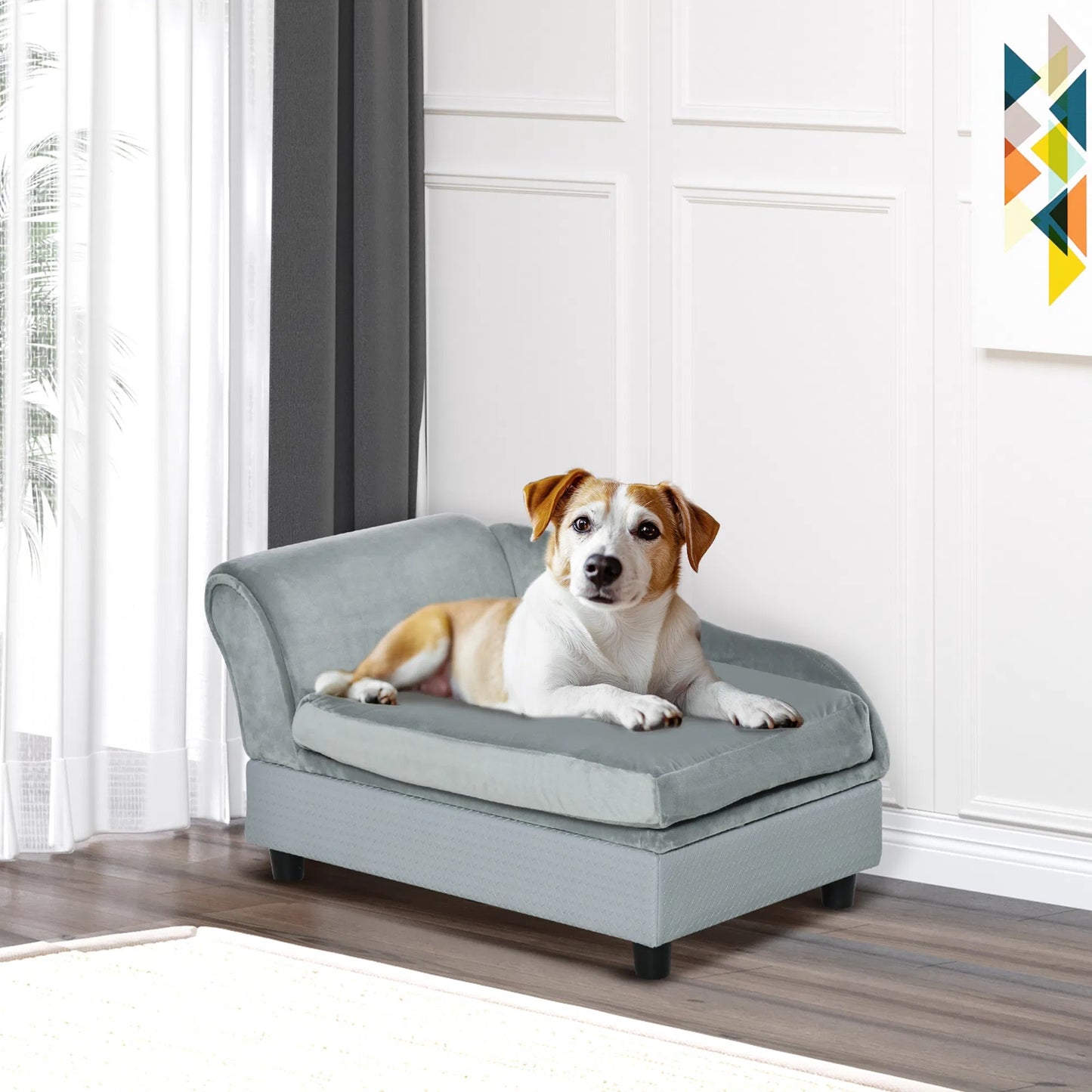 Grey Dog Bed with Hidden Storage, Soft Foam Couch for Small Dogs
