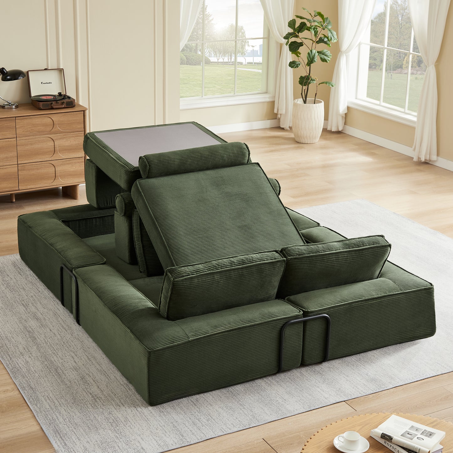 Large Army Green Corduroy Sofa - Modular Design for Living Room