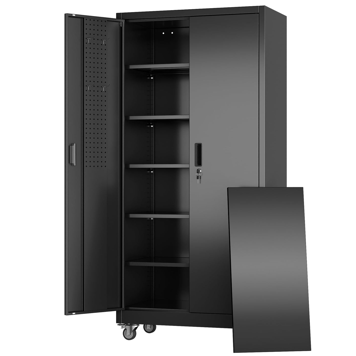 Metal Storage Cabinet on Wheels - Lockable Black with 5 Shelves
