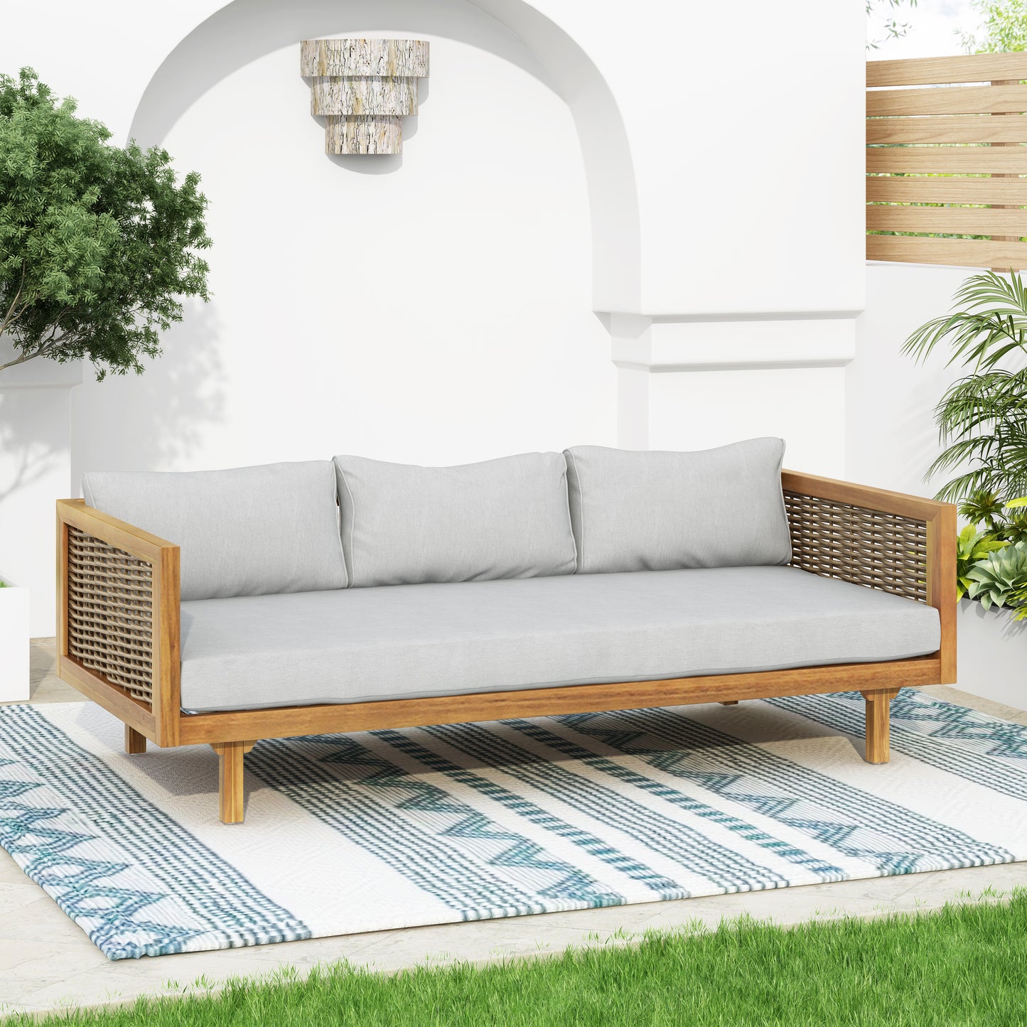 CLAREMONT 3 SEATER DAYBED WITH RATTAN ARMS LIGHT GREY CUSHION