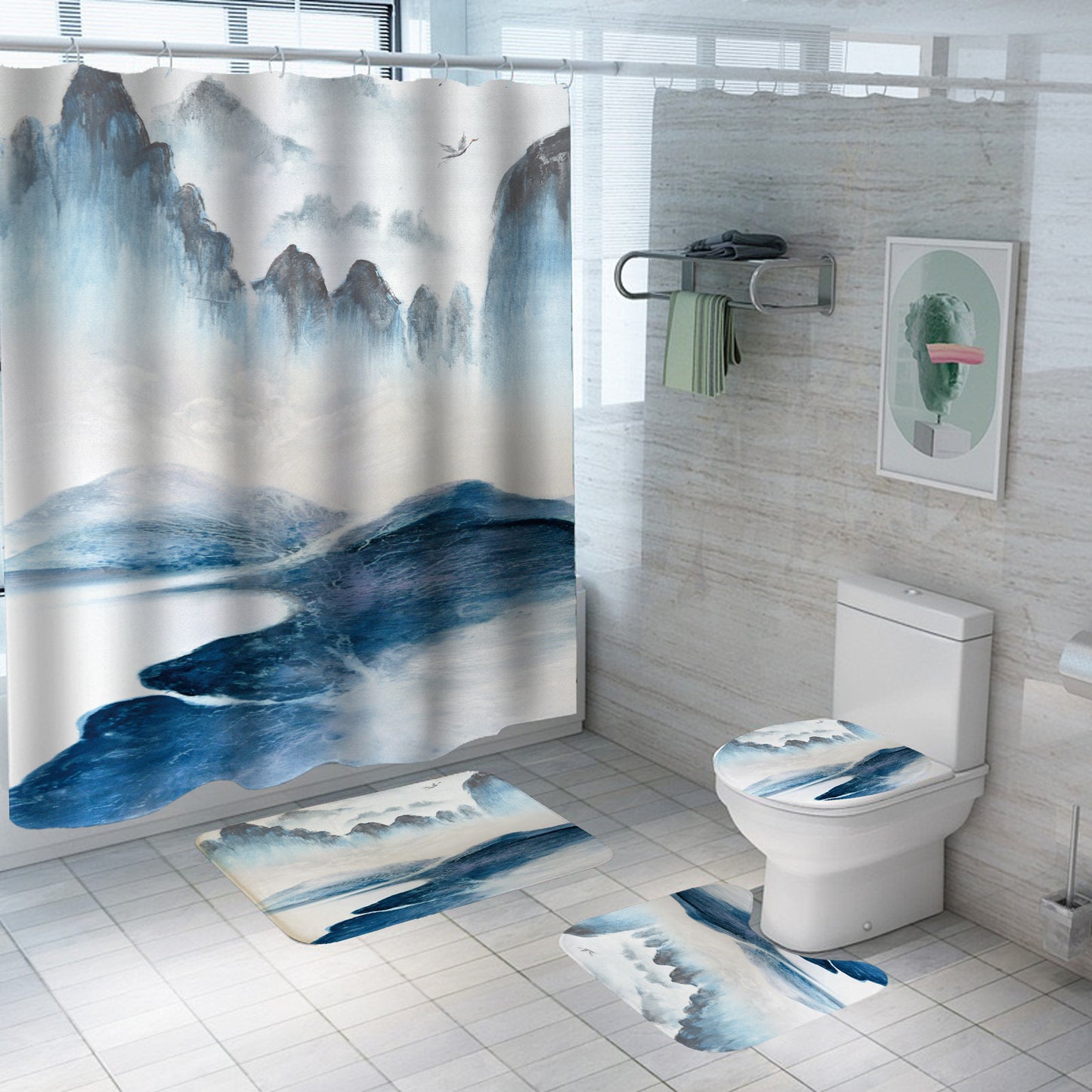 Digital Printing Polyester Bathroom Shower Curtain with Chinese Landscape Design