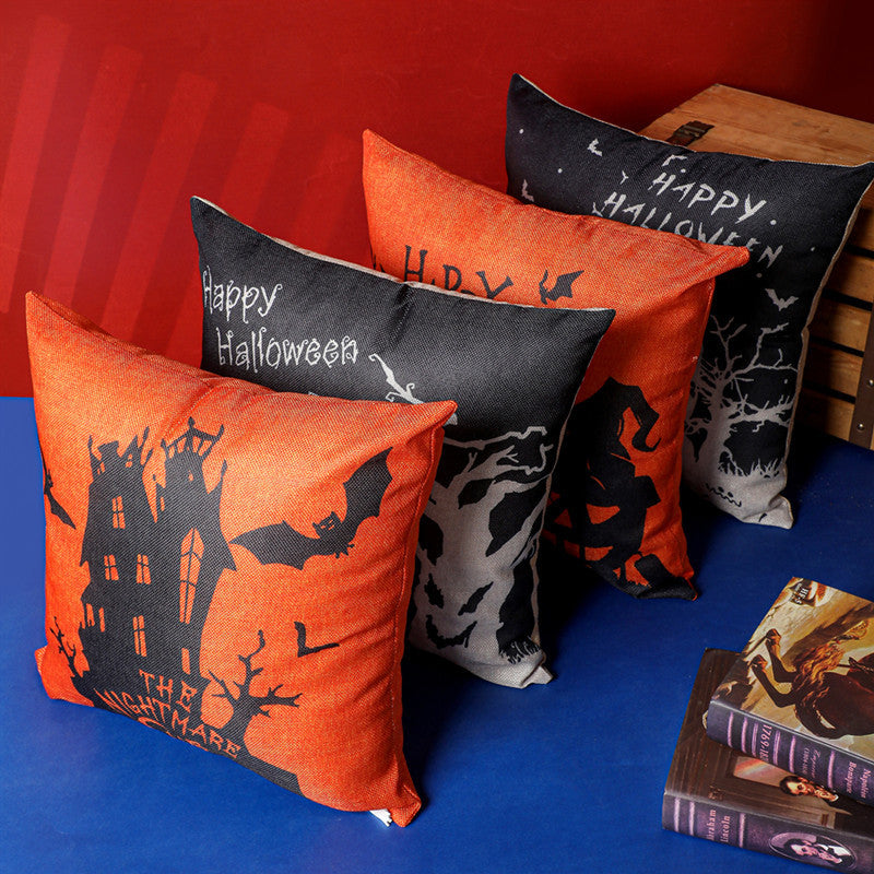 Halloween Themed Linen Plush Square Pillowcase - 43x43cm Decorative Throw Pillow Cover