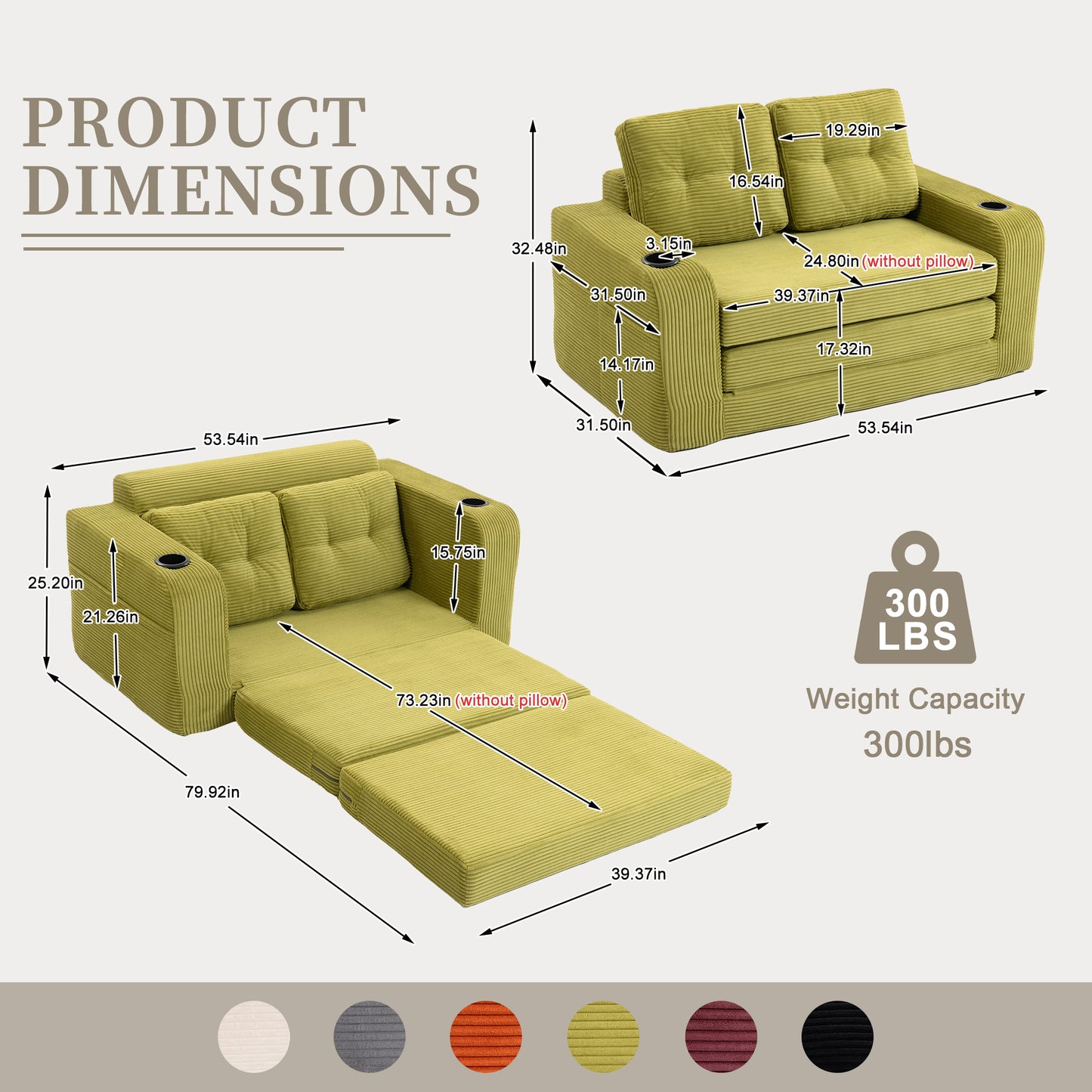 Convertible Sofa Bed - Expandable 2-in-1 Floor Couch with Pillows - Olive