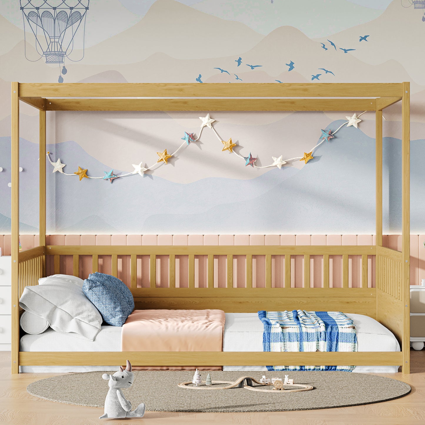 Full Size Canopy Bed Frame with Guardrails - Natural Wood