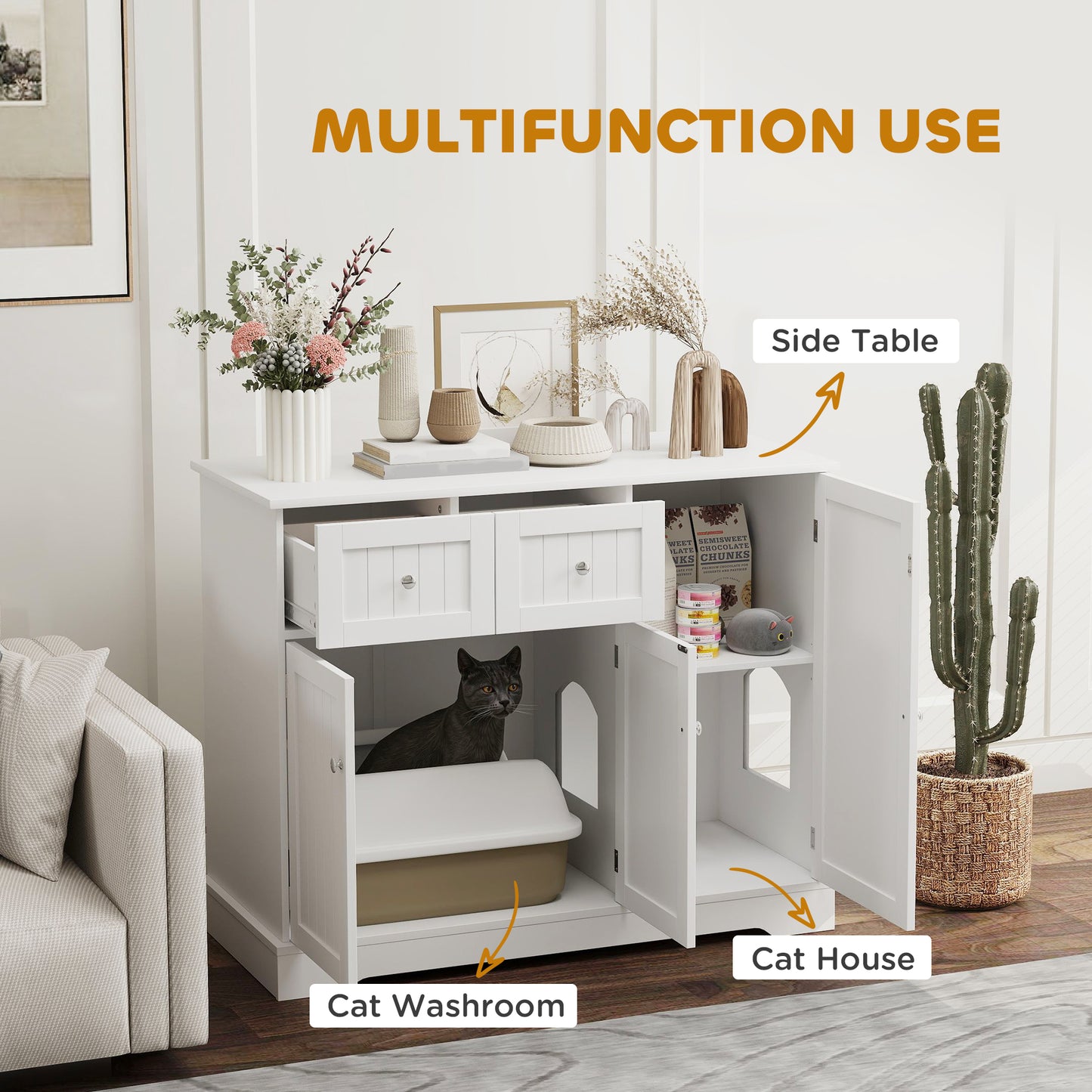 Cat Litter Box Enclosure with Drawers and Storage - White, 39 inch