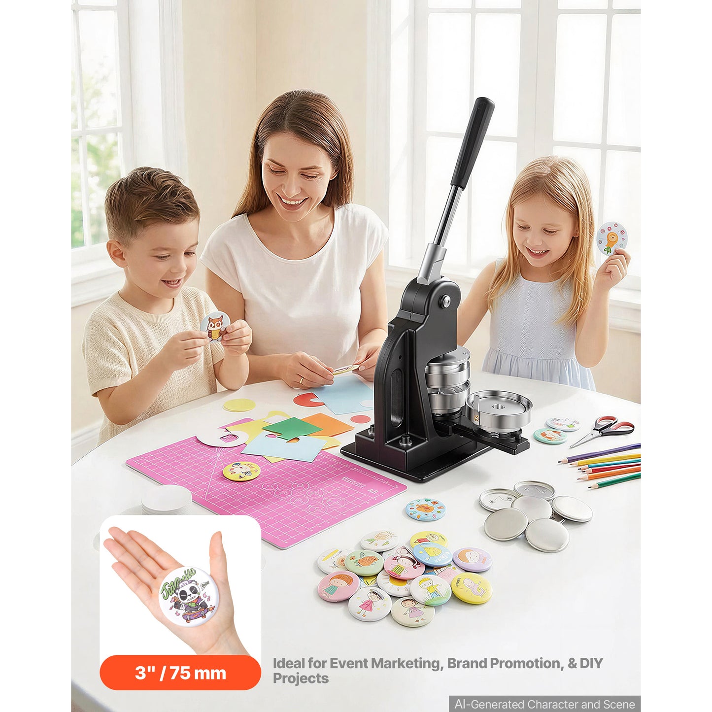 Button Maker Machine 3 Inch / 75mm Pin Badge Maker Kit with Cutter & Wrenches