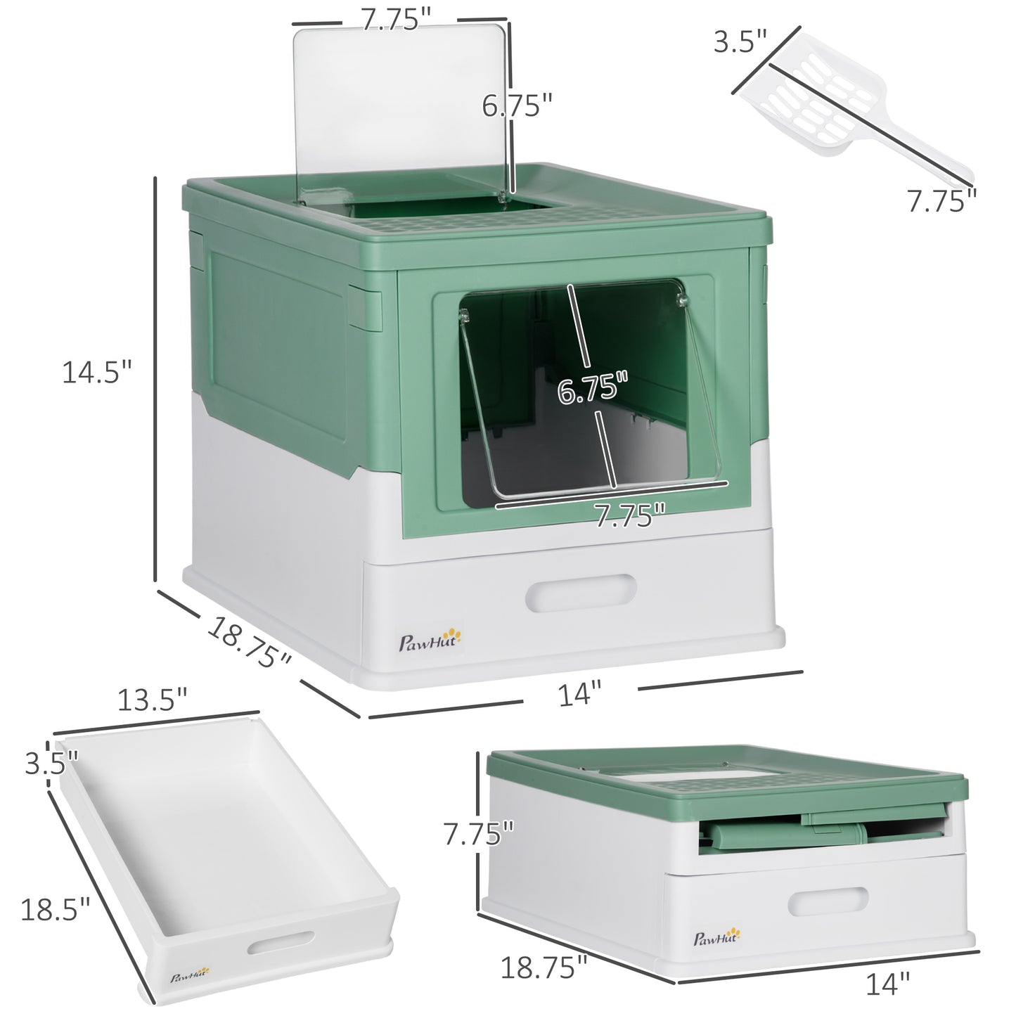 Large Enclosed Portable Cat Litter Box with Scoop - Green