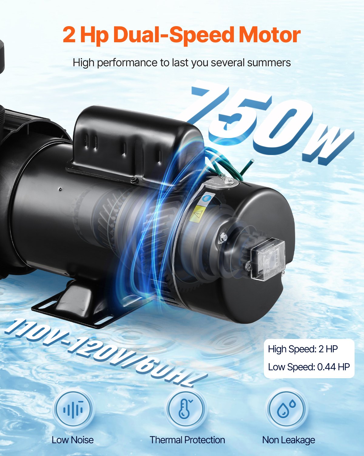 Dual Speed Pool Pump 2HP/0.44HP for Above Ground Swimming Pool - Black