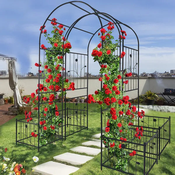 Metal Garden Arch with Plant Stands - 79.5" Wide x 86.6" High - Black