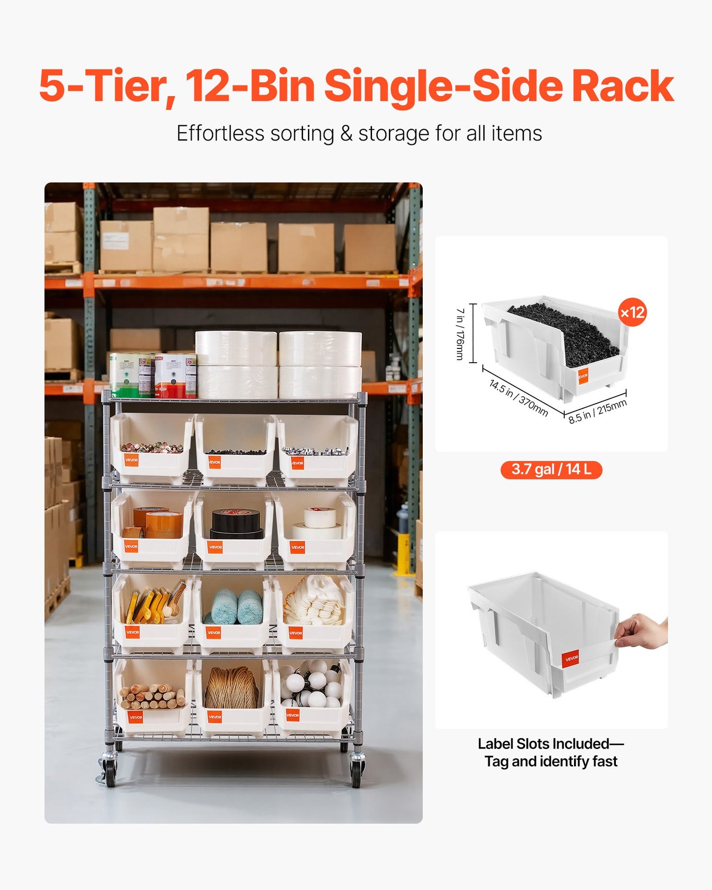 5-Tier Rolling Storage Rack with 12 Bins for Garage & Warehouse