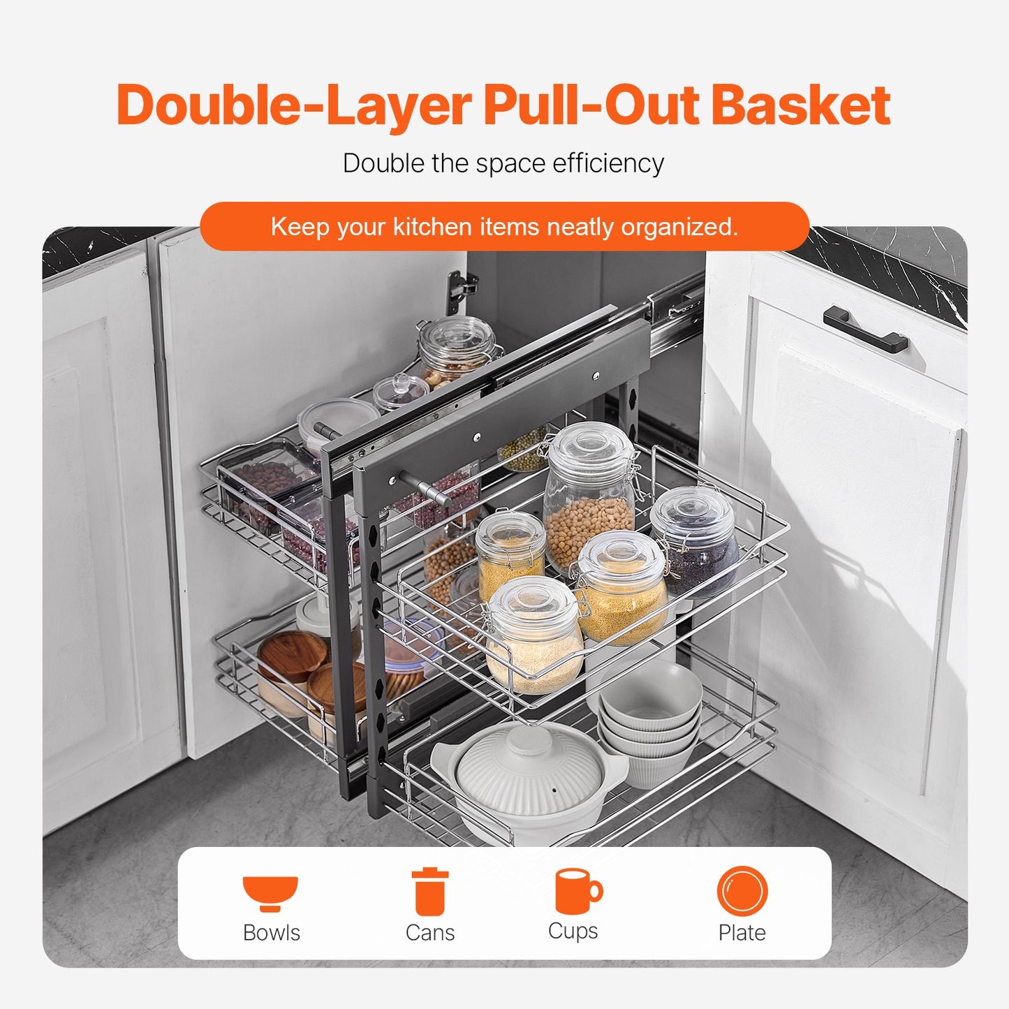 Blind Corner Pull-Out Organizer - 2 Tier Chrome Kitchen Basket
