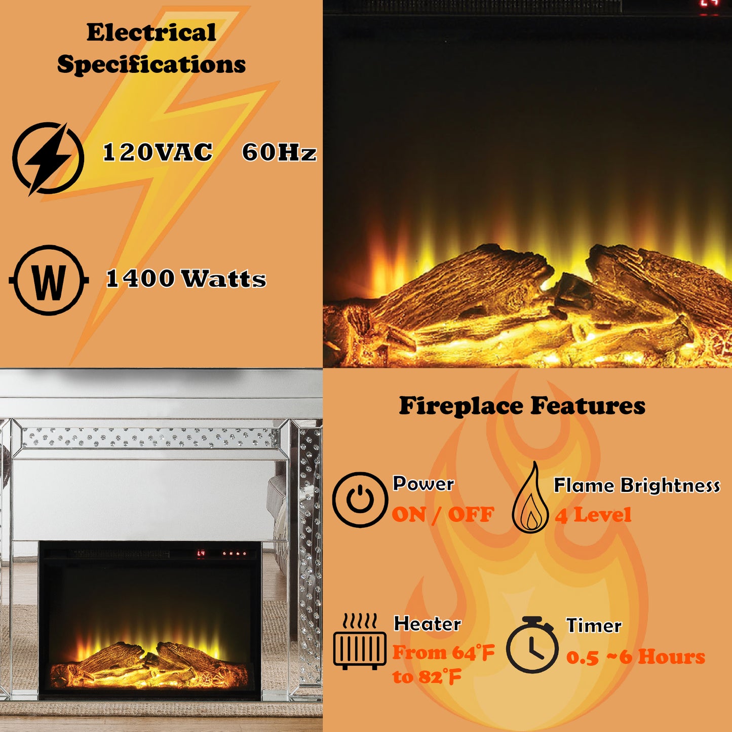 Nysa Silver Mirrored Electric Fireplace with Faux Crystals
