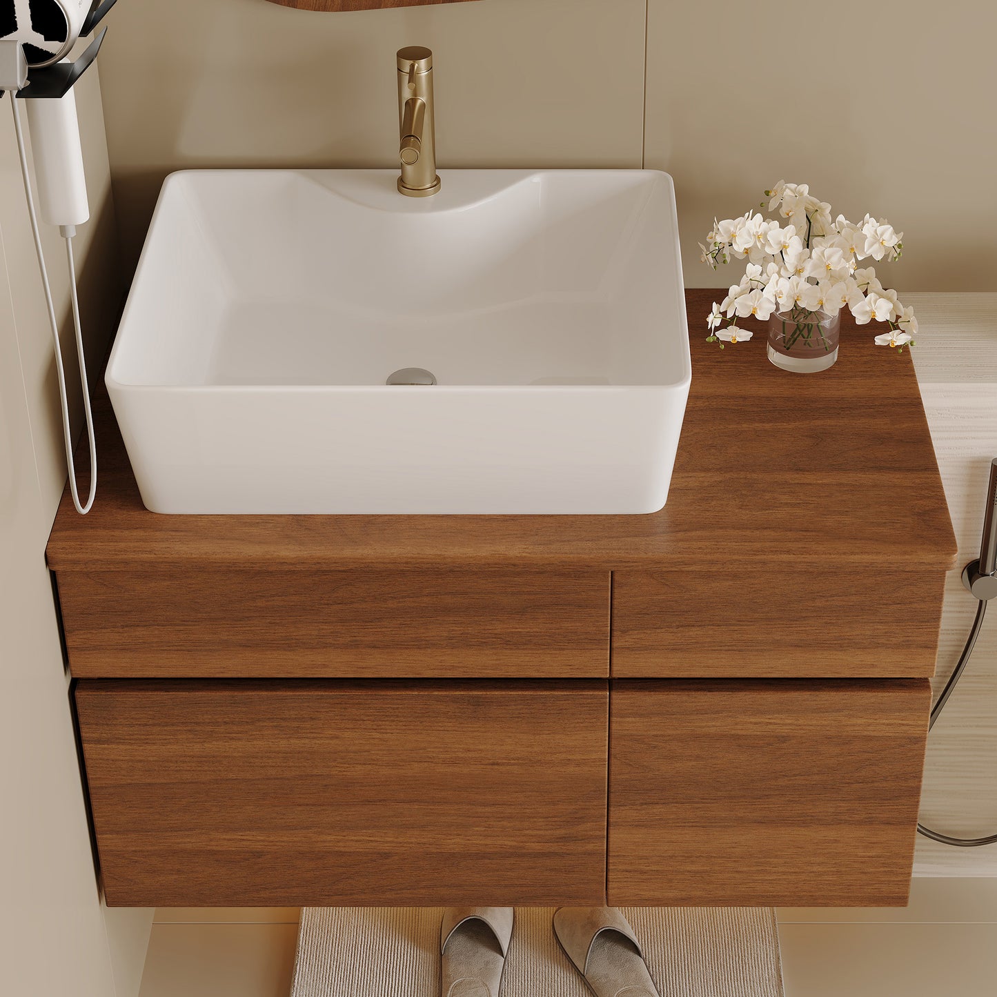 31.5-Inch Floating Bathroom Vanity with Sink - White & Walnut