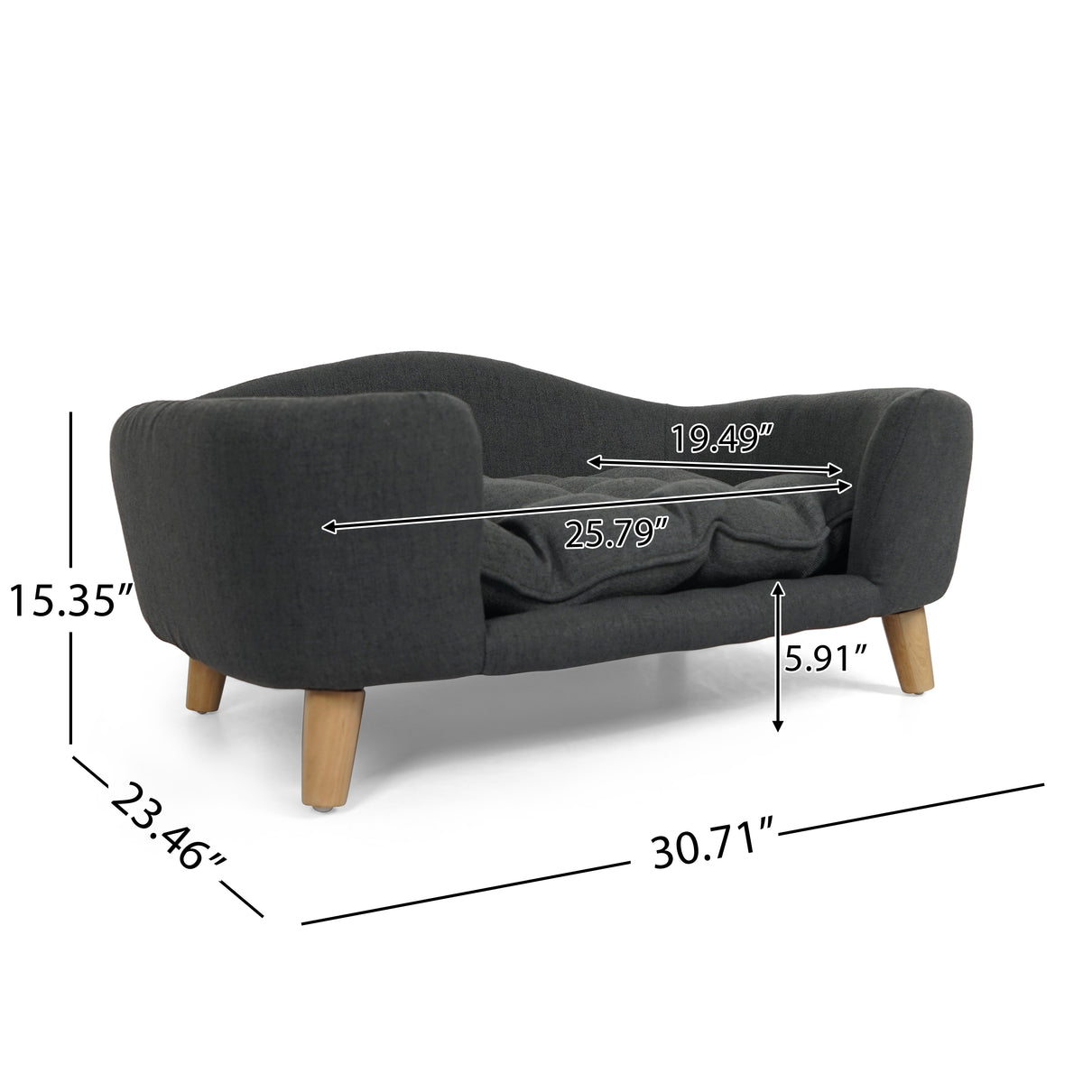 Small Dog Elevated Bed Frame with Rubber Wood Legs and Plush Fabric, Dark Gray