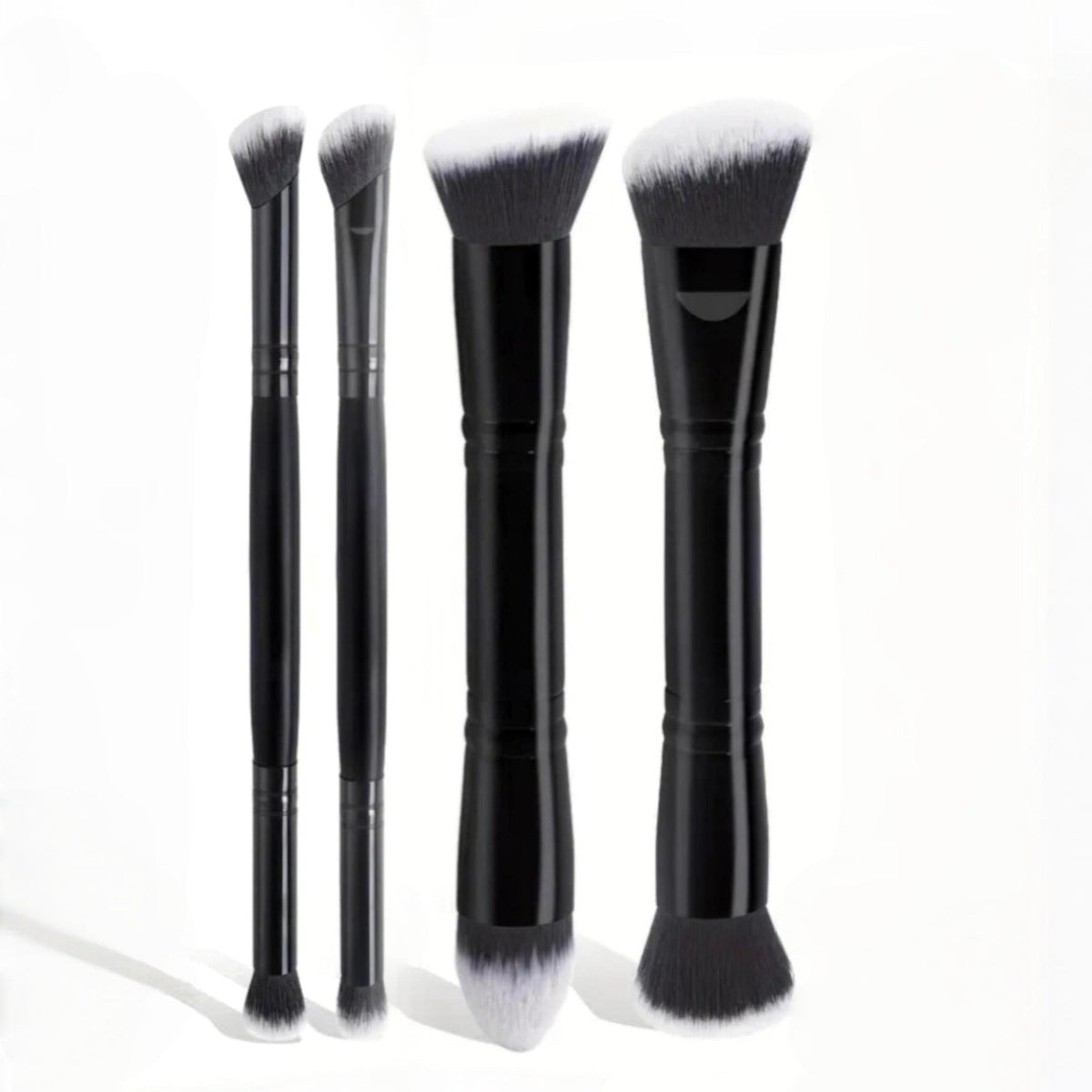 Double-Headed Makeup Brush Set - Black Handle, Multi-Color Hair, 4 Pieces
