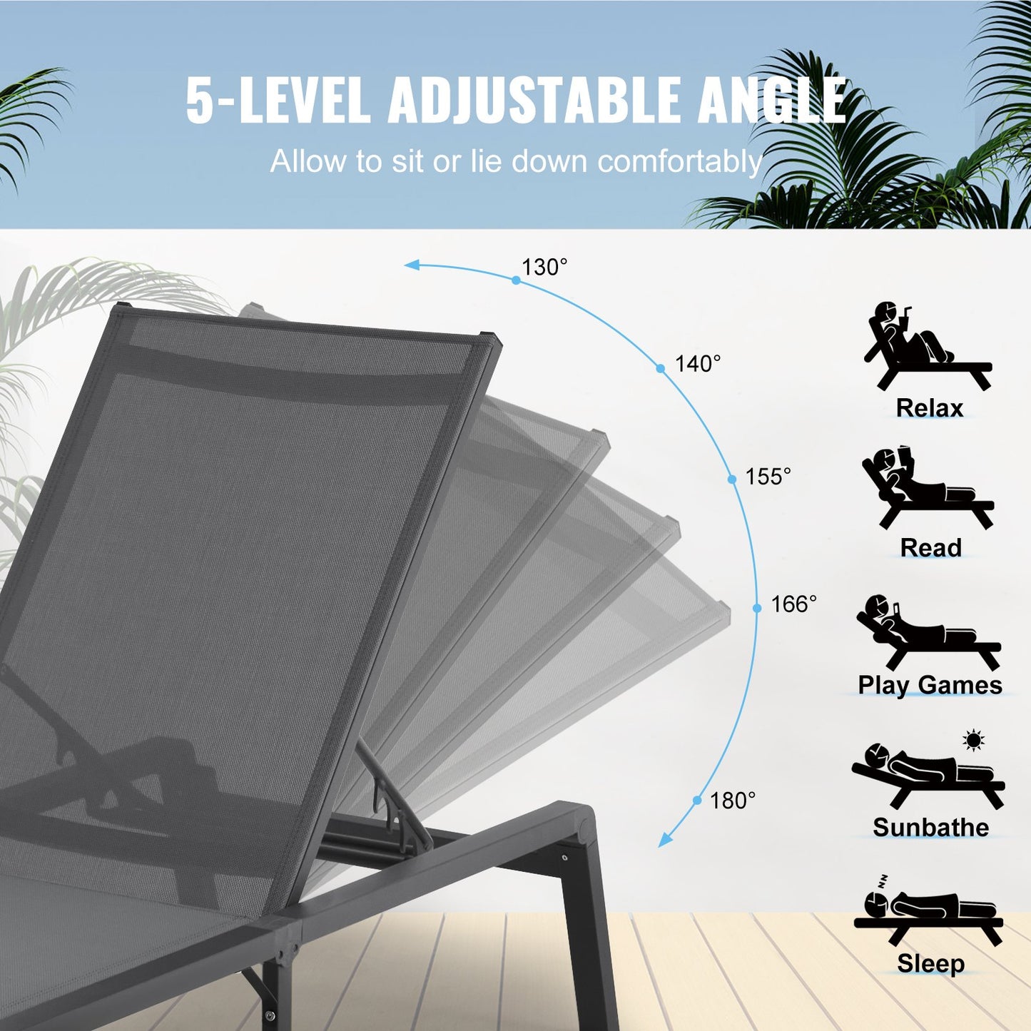Outdoor Lounge Chair Set - Adjustable 5-Position Patio Sunbed, 2 Pcs Grey
