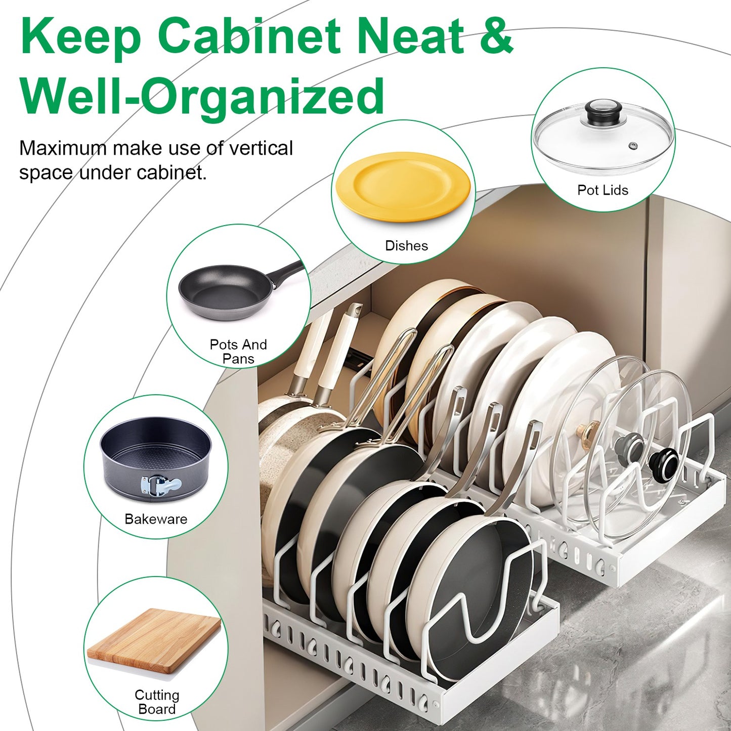 1Pc Pull Out Pots And Pans Organizer Under Cabinet With 8 Adjustable