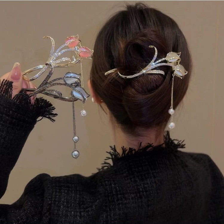 Delicate Tulip Crystal Diamond Tassel Hairpin - Multi-Color