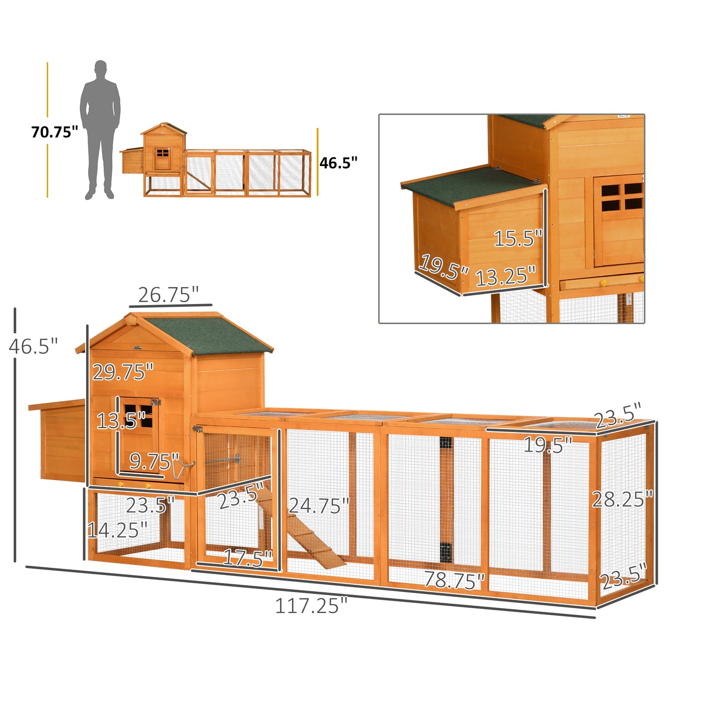Large Chicken Coop with Removable Tray - Outdoor Poultry House, Orange